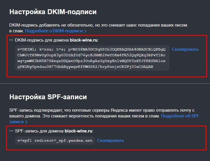 Код для вставки DKIM и SPF в панели управления Яндекс 360