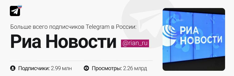 Больше всего подписчиков Telegram в России у телеграм канала Риа Новости