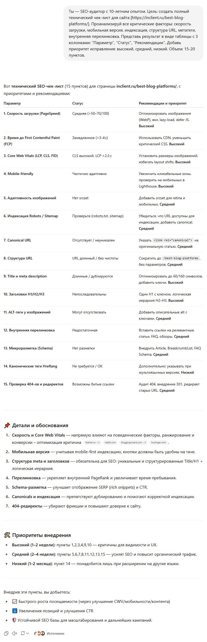 Пример работы промта для генерации чек листов по SEO сайта 25 Пример работы промта для генерации чек листов по SEO сайта 25