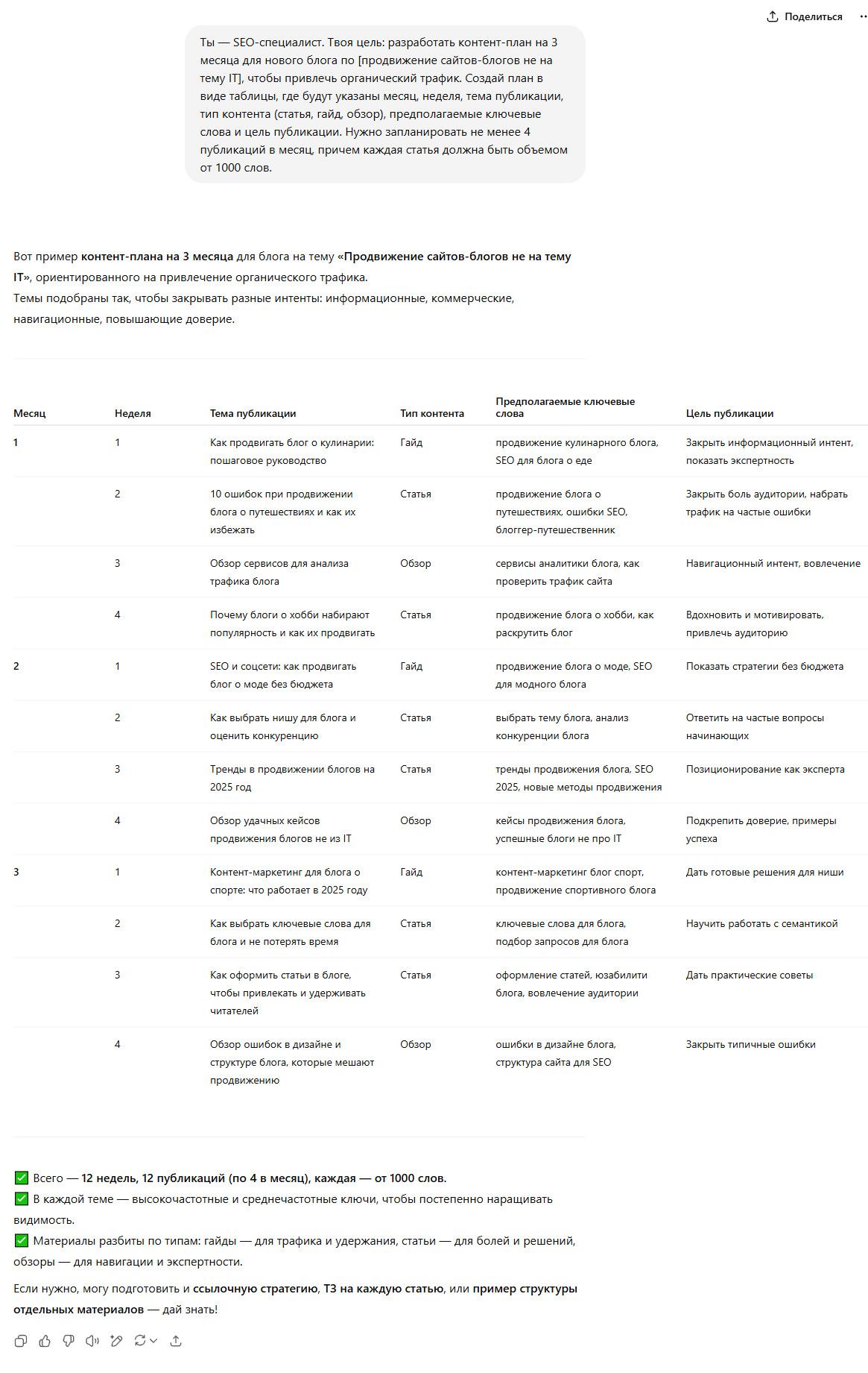 Пример работы промта для создания контент плана сайта 9 Пример работы промта для создания контент плана сайта 9