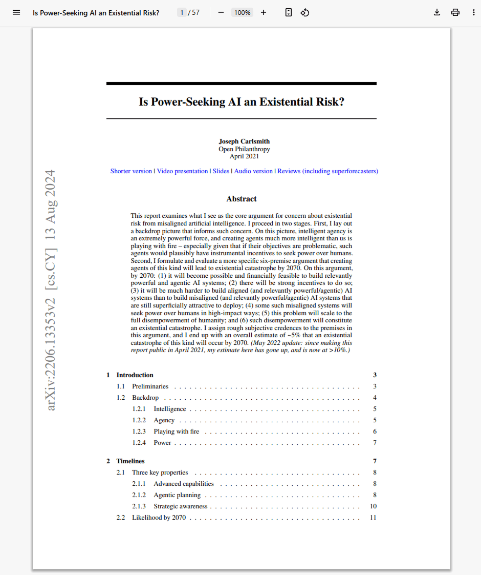 Исследователь Джозеф Карлсмит прогнозирует, что к 2070 году есть 10% шансов, что ИИ подчинит себе экономику, военных и инфраструктуру (энер