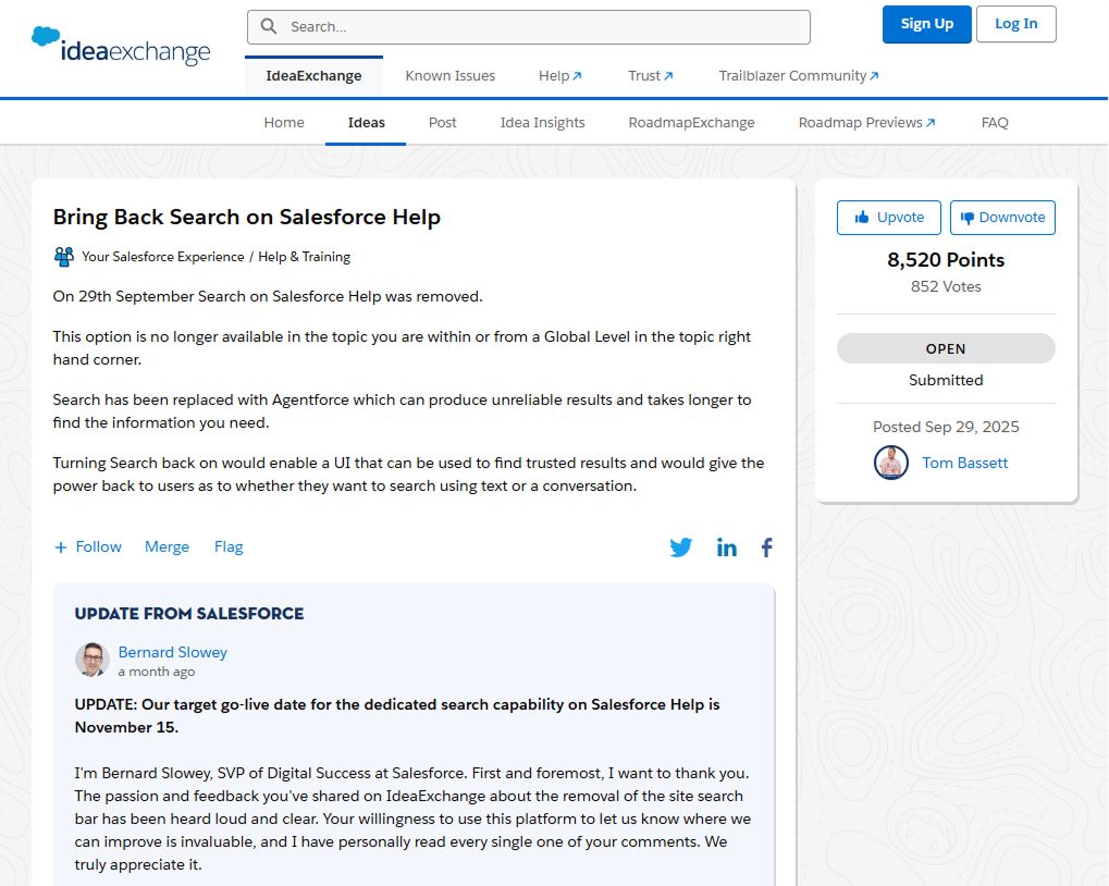 Тикет петиция о возвращении строки поиска на сайте Saleforce