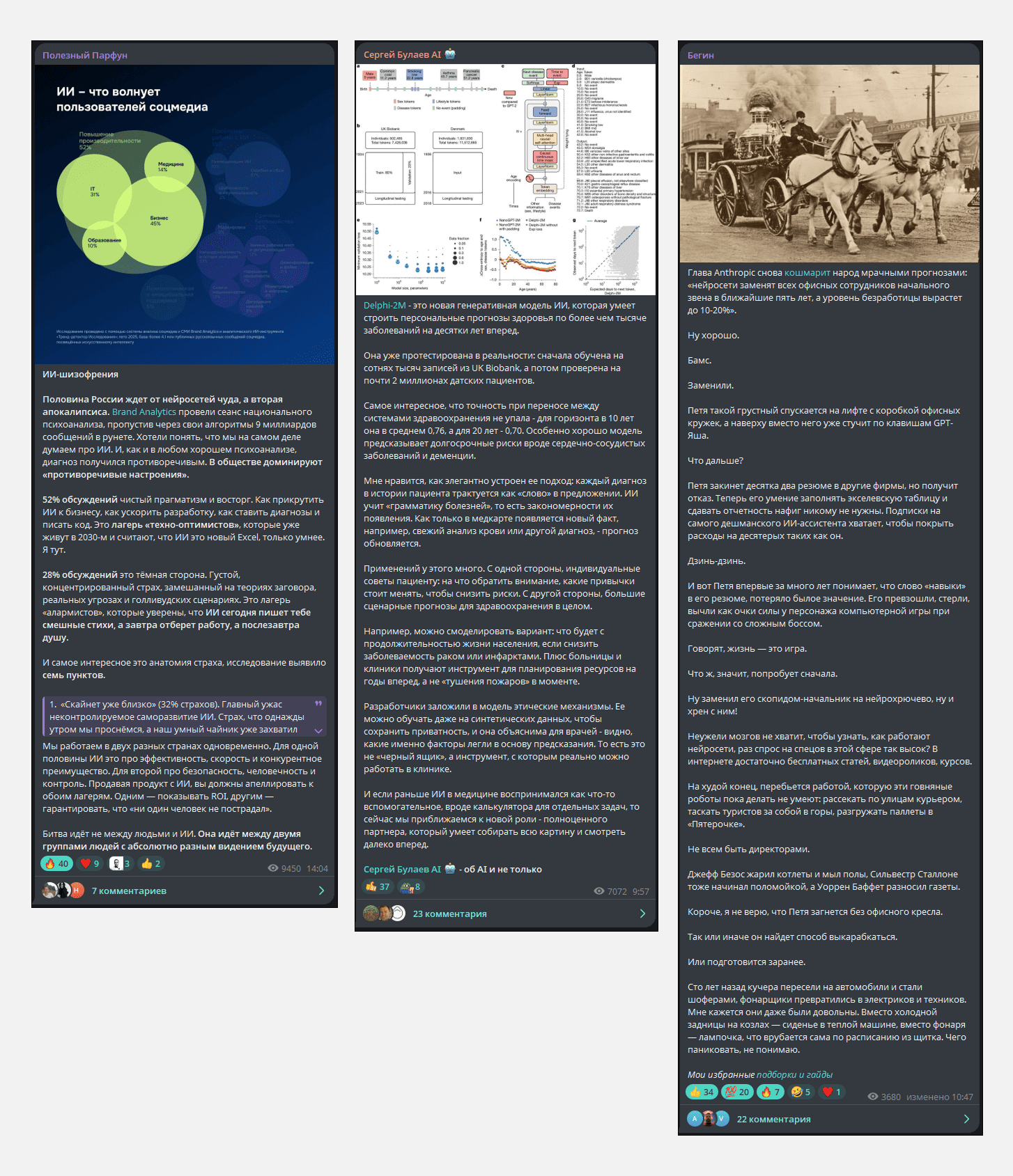 Посты с аналитикой на авторских телеграм каналах о нейросетях