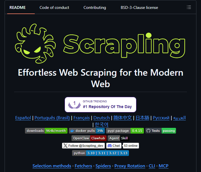 Scrapling - фреймворк для надежного парсинга и краулинга сайтов