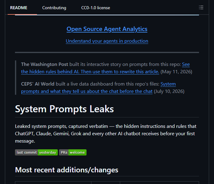 System Prompts Leaks - архив системных промптов популярных ИИ-продуктов
