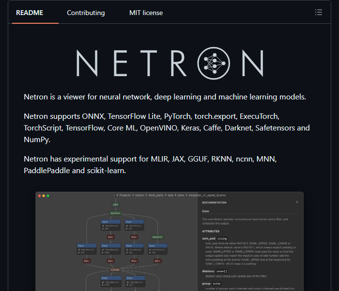 Netron - визуализирует структуру нейросетей и ML-моделей