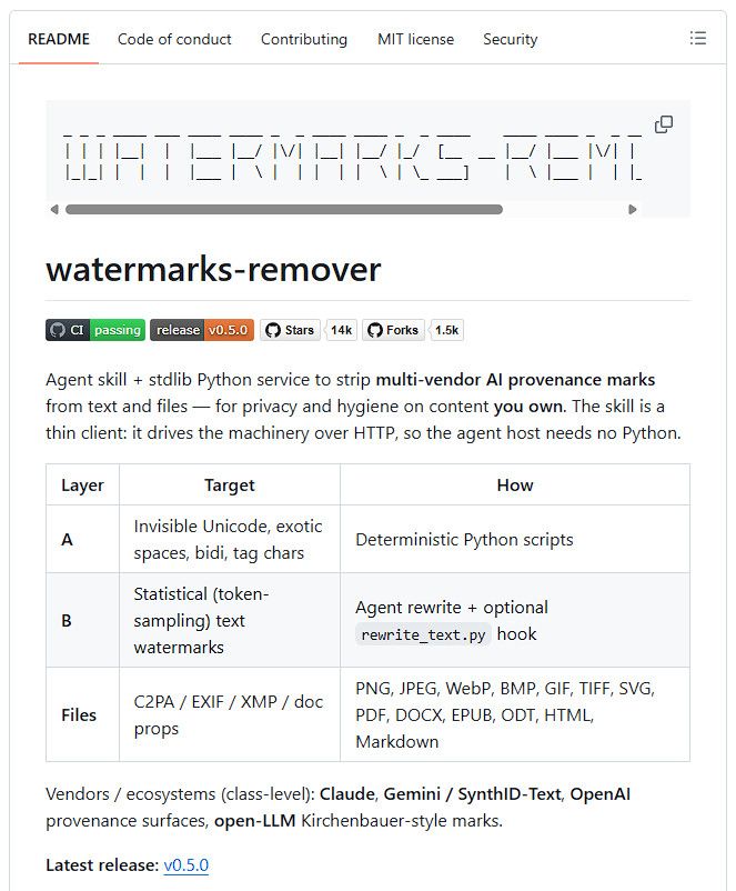 Вышел скилл Watermarks Remover, который чистит ИИ метки из текста и файлов