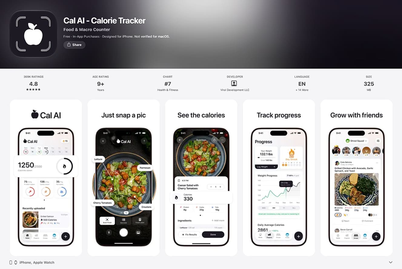 Cal AI — приложение в App Store и интерфейс счетчика калорий